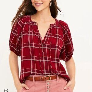 NWT Loft Plaid Tie V-Neck Puff Sleeve Short. Size S. Color Burgandy. 99% Cotton